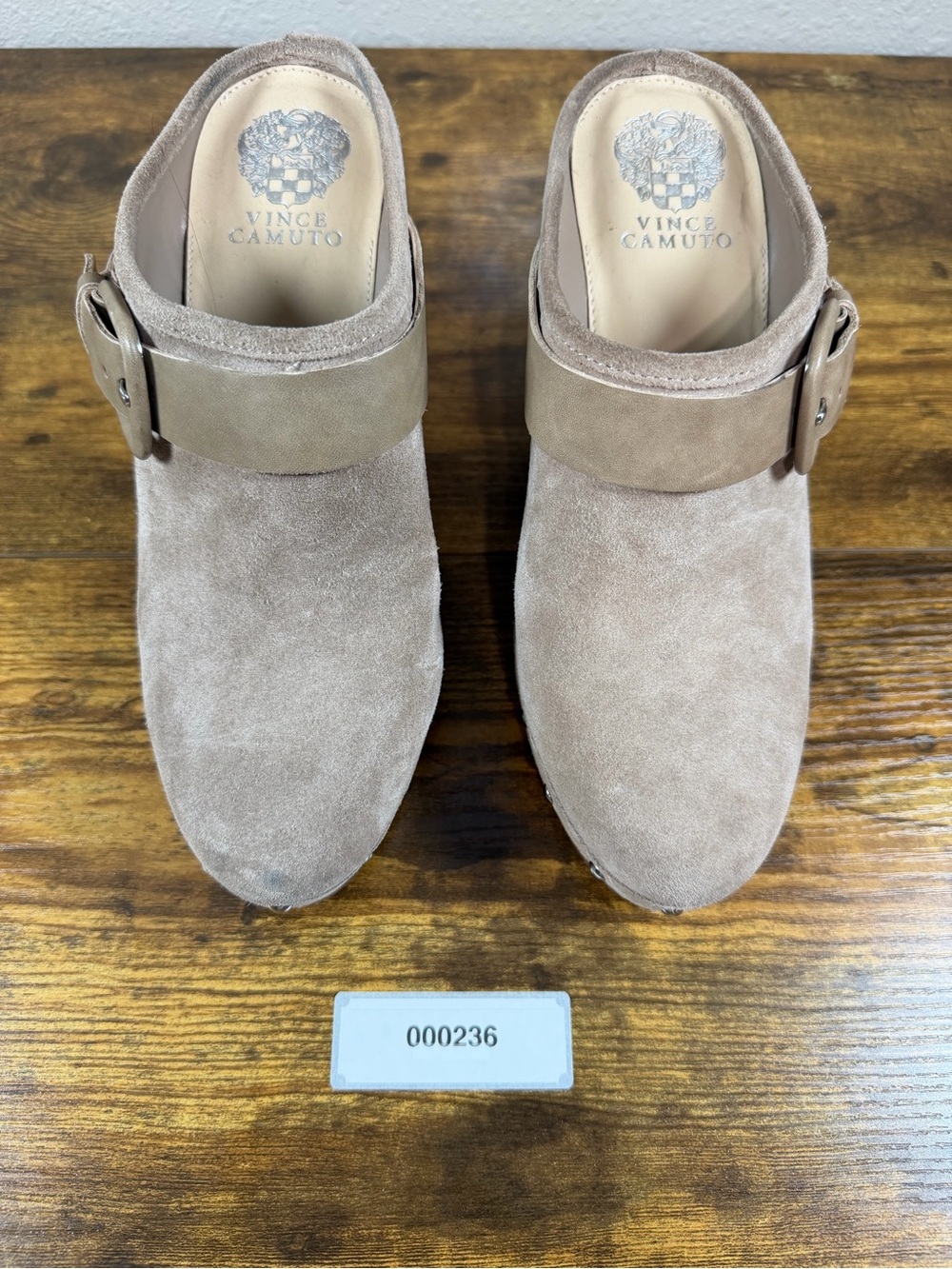 Vince Camuto Women’s 8M Taupe Suede Clog Mules Studded Platform Block Heel